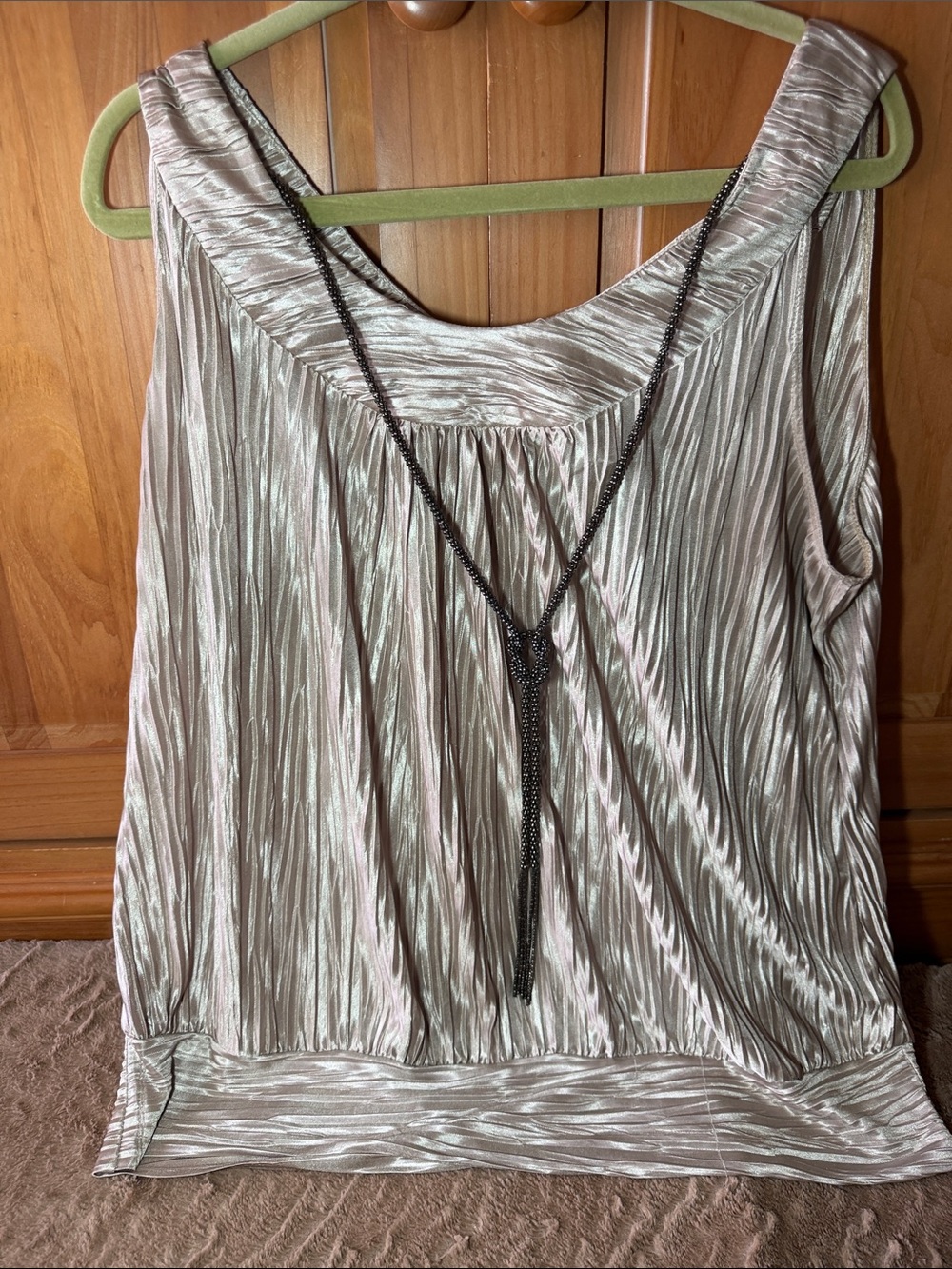 Dress Barn shiny shimmery taupe/ Pleated Scoop Tank with attacked necklace.